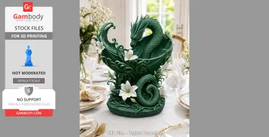 Green dragon in a swirling pose with floral accents on an elegant table setting.