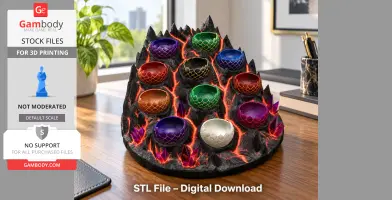 Volcanic-themed organizer with nine colorful dragon egg-shaped compartments for 3D printing.