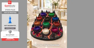 A decorative mountain organizer with colorful dragon eggs on a black, fiery base.