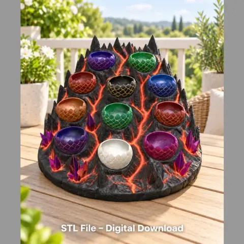 Rocky mountain organizer with colorful dragon egg holders and lava-like patterns.