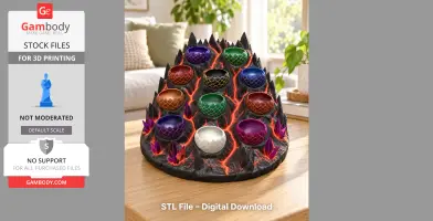 Dragon egg mountain organizer with colorful eggs nestled in a rocky base for 3D printing.