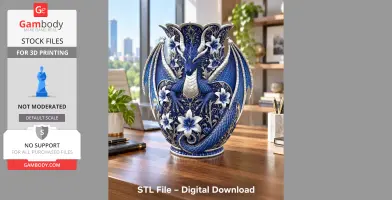 A detailed blue dragon vase featuring floral patterns and a dragon in the center, designed for 3D printing.