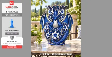 Elegant dragon-themed blue vase with floral patterns designed for 3D printing.
