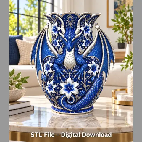 Blue dragon vase adorned with white lilies and intricate details, designed for 3D printing.