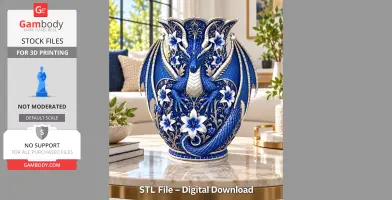 A blue dragon vase with floral designs for 3D printing, displayed on a marble table in a living room.