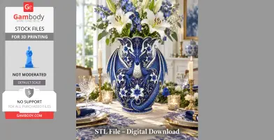Ornate blue vase with dragon motif, filled with lilies and blue flowers, set on an elegant dining table.
