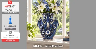 Blue dragon vase with floral details, featuring white lilies and blue blossoms.