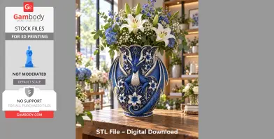 Ornate dragon-decorated blue vase with lilies and flowers, designed for 3D printing.