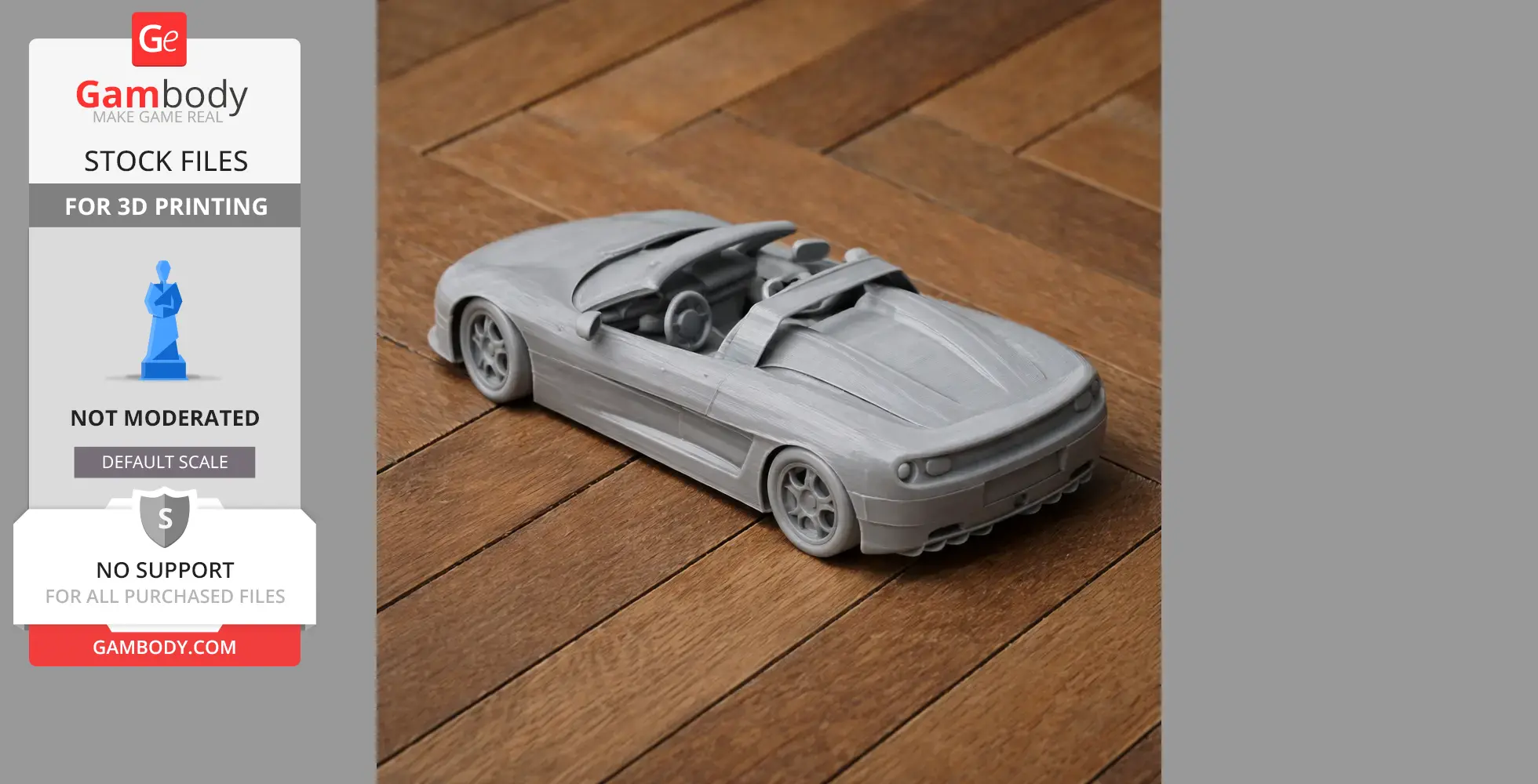 Gray 3D-printed convertible sports car on wooden surface, side and rear view.