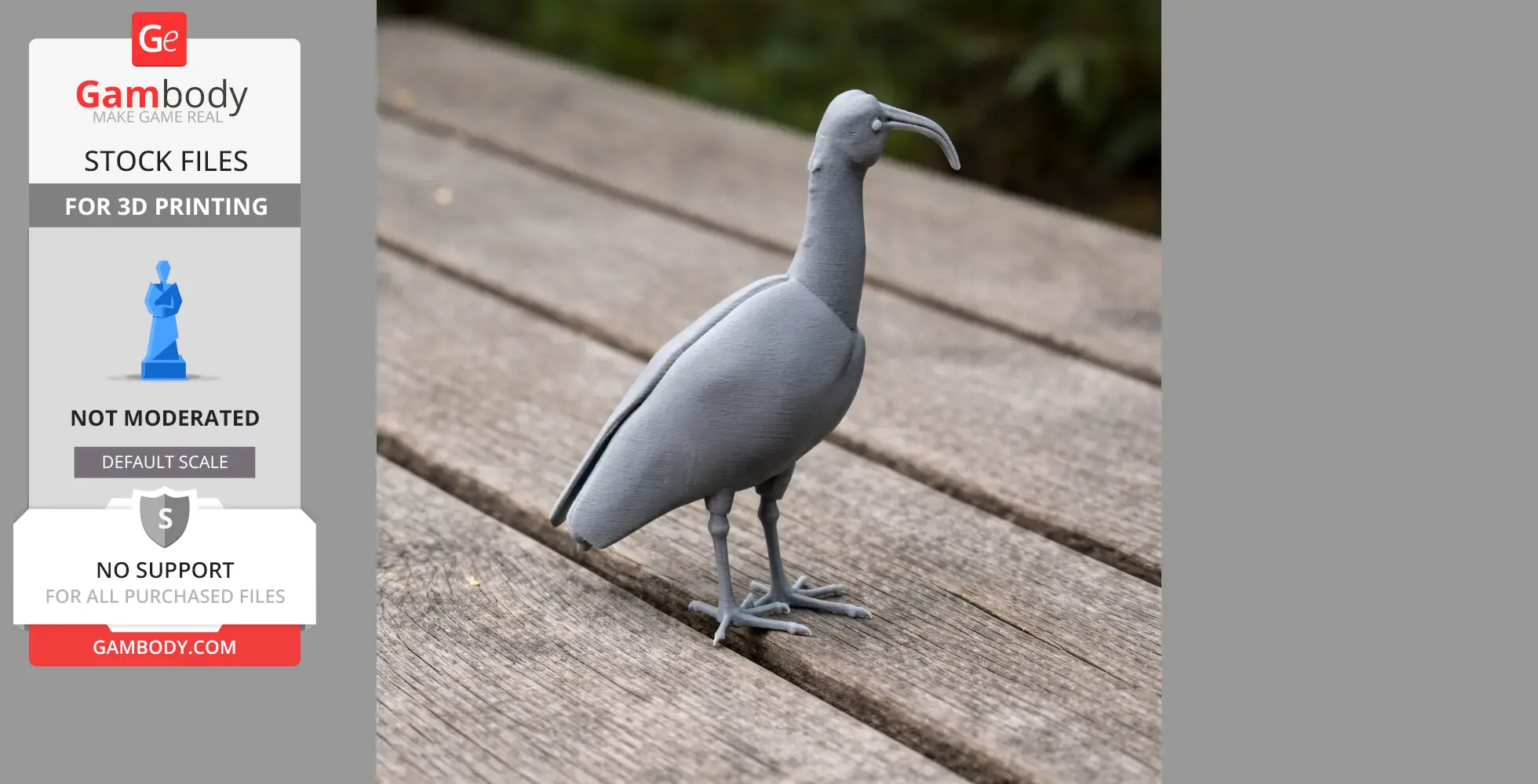 3D printed Andean ibis model standing on wooden planks, showcasing intricate details and curved beak.