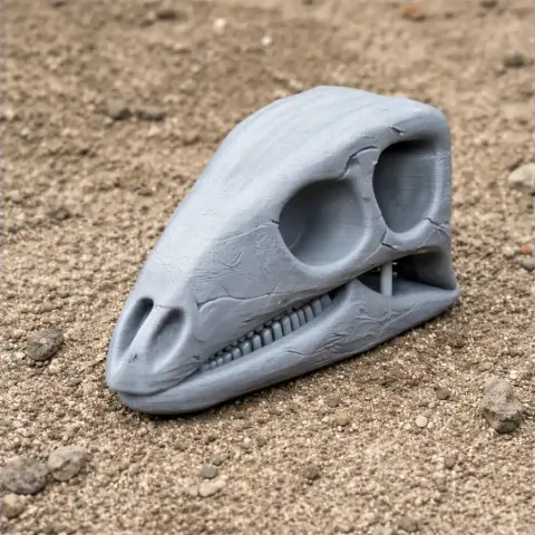 3D printed Camptosaurus skull replica, gray, detailed, on a sandy surface.