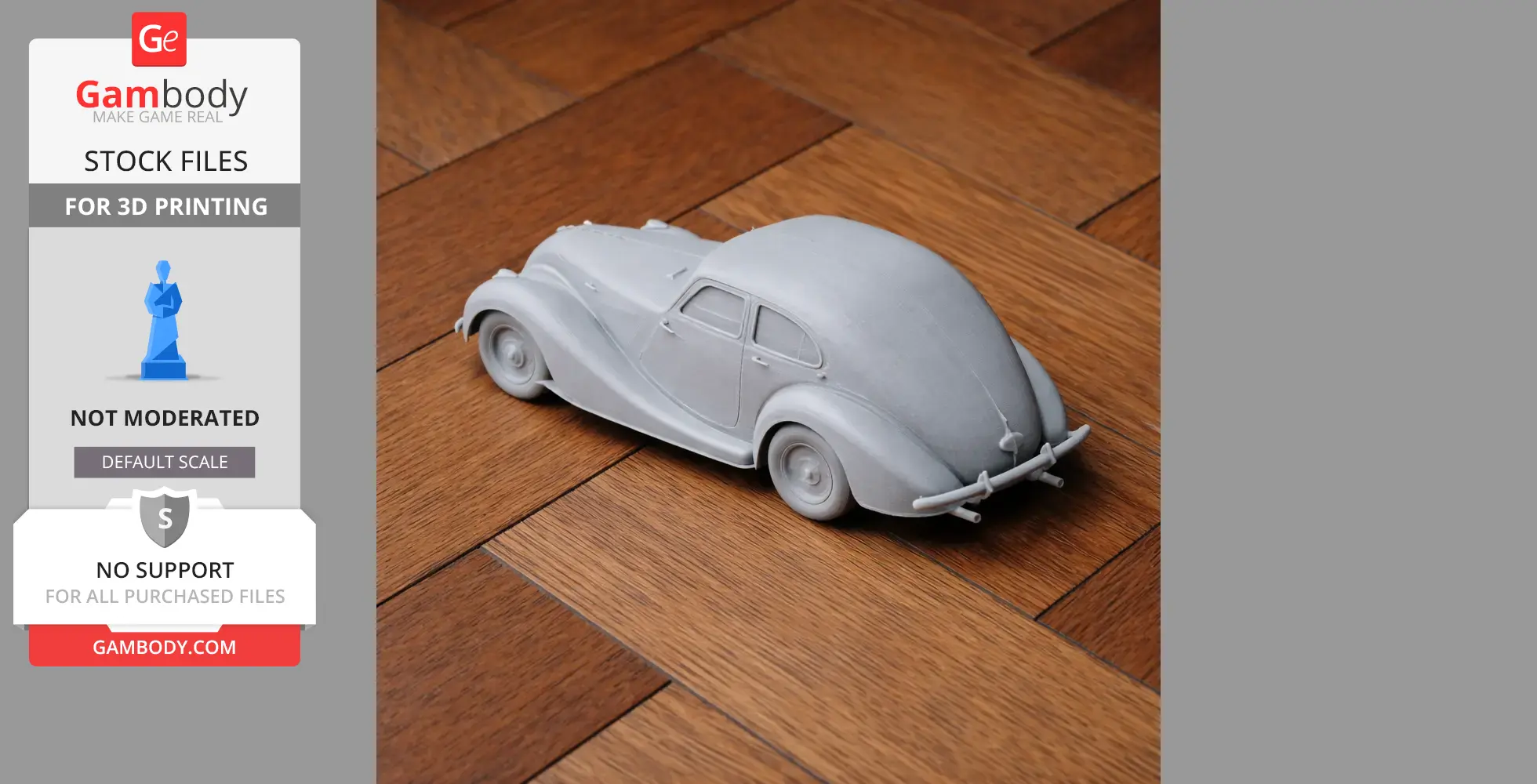 A detailed 3D-printed model of a classic Bristol car on a wooden surface.