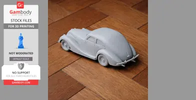 A detailed 3D-printed model of a classic Bristol car on a wooden surface.