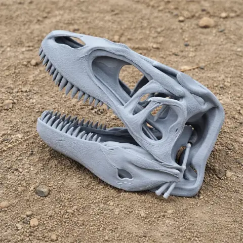 3D-printed gray Carcharodontosaurus skull replica resting on a textured sandy surface.