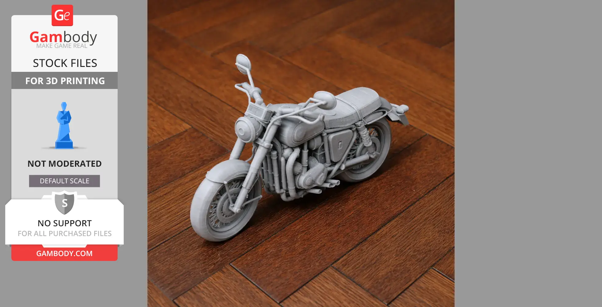 3D printed BSA Gold Star motorcycle model on a wooden floor.
