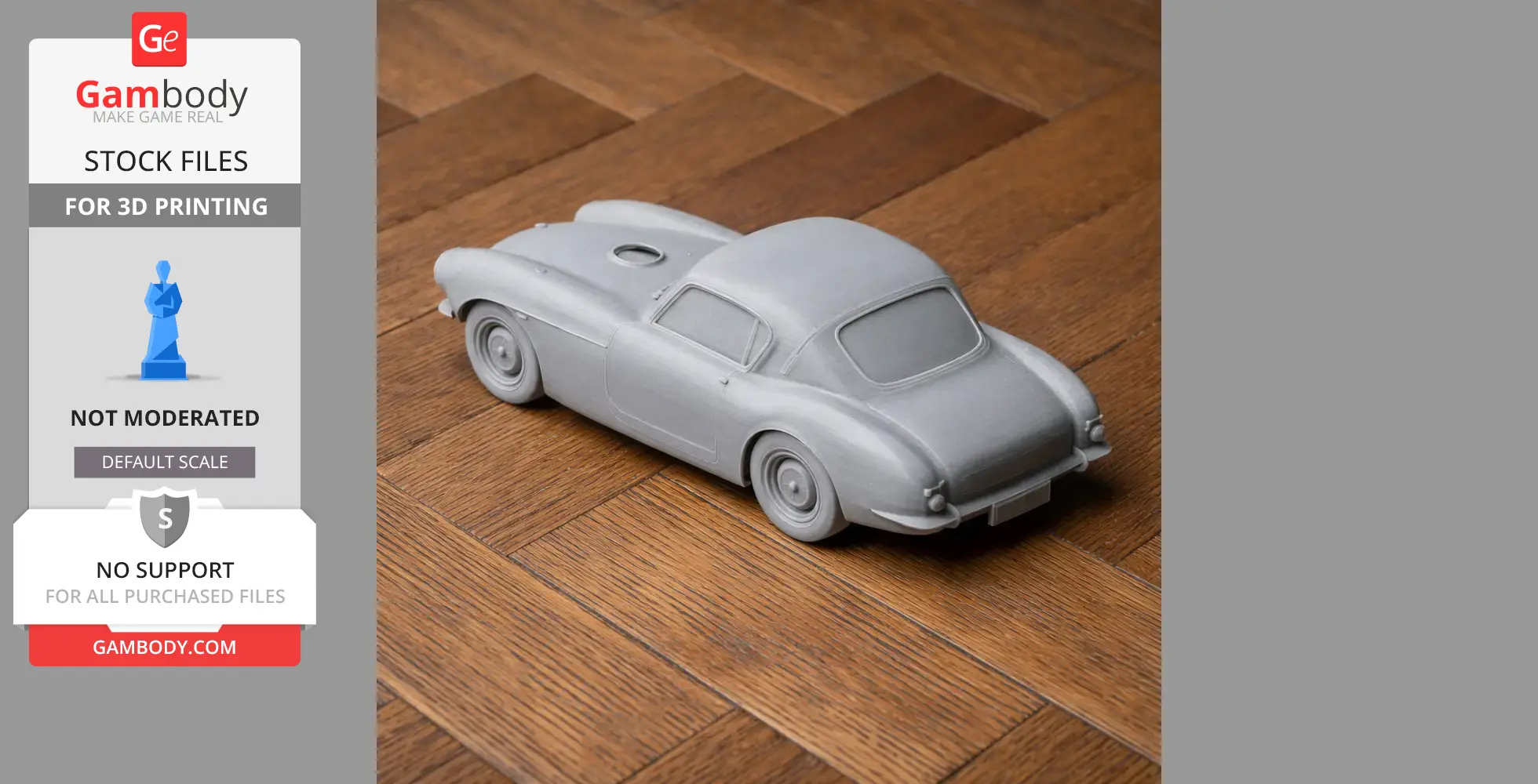 A 3D-printed model of a classic sports coupe car on a wooden surface.