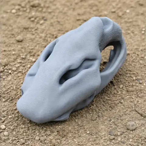 3D-printed Castoroides skull replica, gray, positioned on a sandy surface.