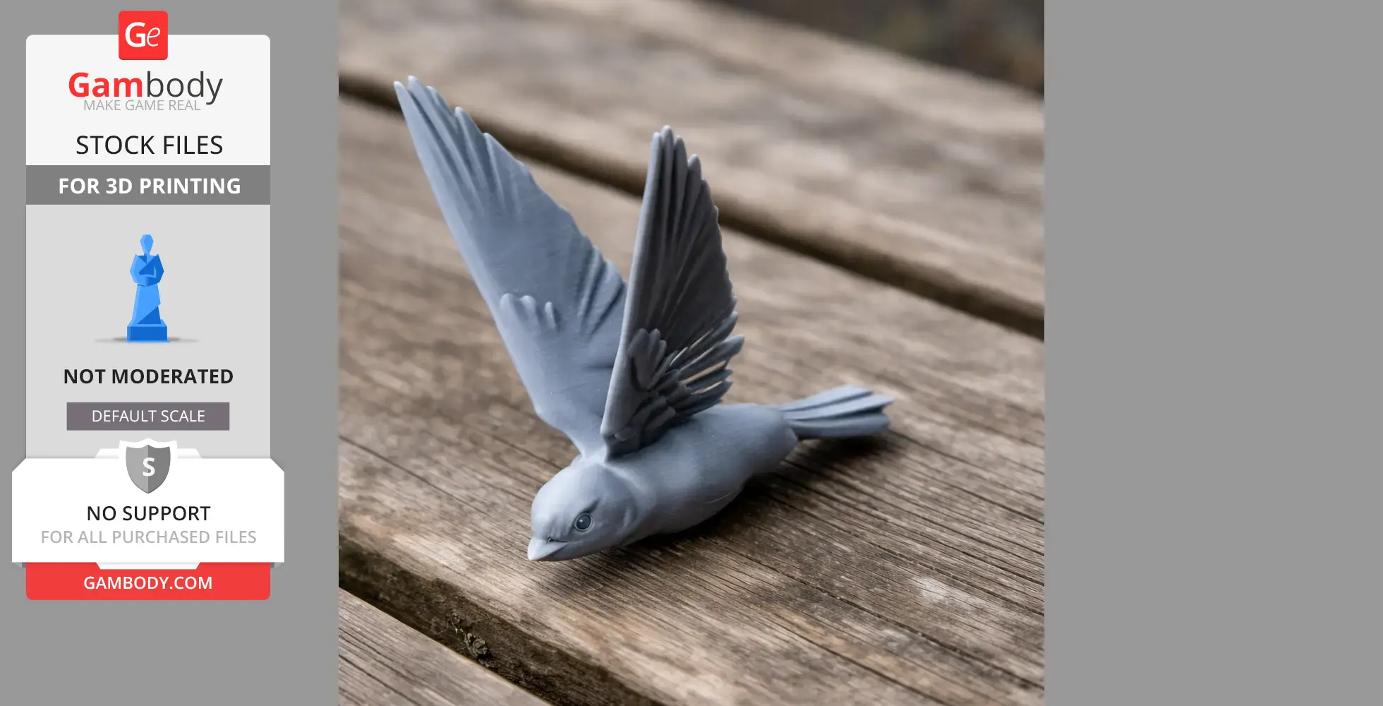 3D-printed model of a prehistoric swallow with wings spread, placed on a wooden surface.