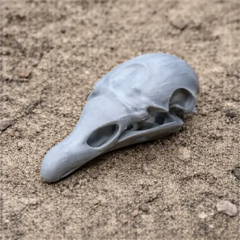 Realistic 3D-printed Cathartesaura skull replica resting on sandy ground.