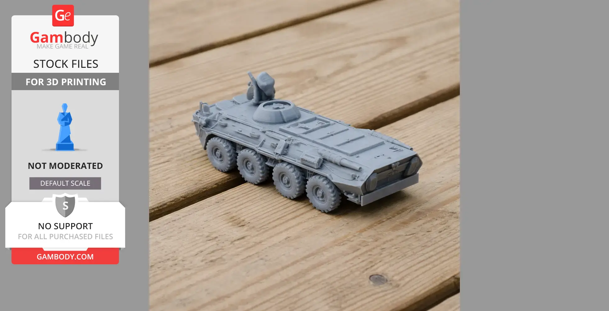 Gray 3D-printed tank model with eight wheels on a wooden surface.