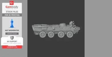Gray 3D model of an eight-wheeled tank, viewed from the side, designed for 3D printing.