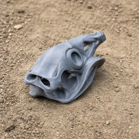 3D printed Caudipteryx skull replica placed on a textured sandy surface.