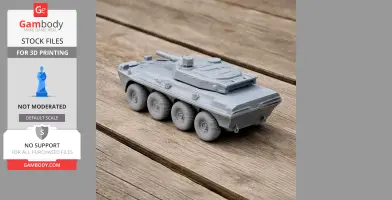 3D printed model of a B1 Centauro tank on wooden surface, designed for 3D printing.