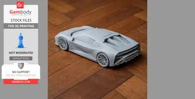 3D-printed Bugatti Centodieci model car displayed on a wooden surface.