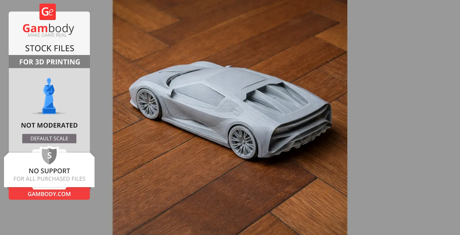 3D-printed Bugatti Centodieci model car displayed on a wooden surface.