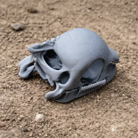 3D-printed Chenanisaurus skull replica on a sandy surface.