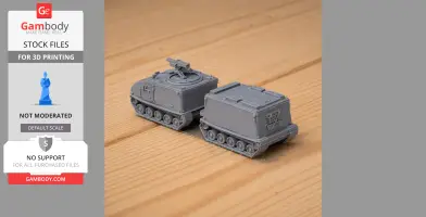 3D printed Bandvagn 206 tank model on a wooden surface, showcasing detailed tracks and structure.