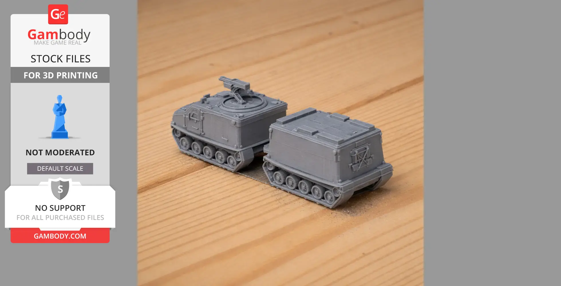 3D printed Bandvagn 206 tank model on a wooden surface, showcasing detailed tracks and structure.