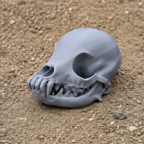 Gray skull model resembling a Chihuahua with dinosaur-like teeth, placed on gravel.