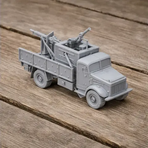 3D-printed model of a Bedford OXA military truck with mounted weaponry on wooden surface.