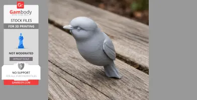 A 3D-printed model of a small bird perched on a wooden surface.