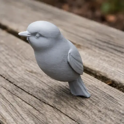 3D printed model of a small bird with smooth, rounded features, sitting on a wooden surface.