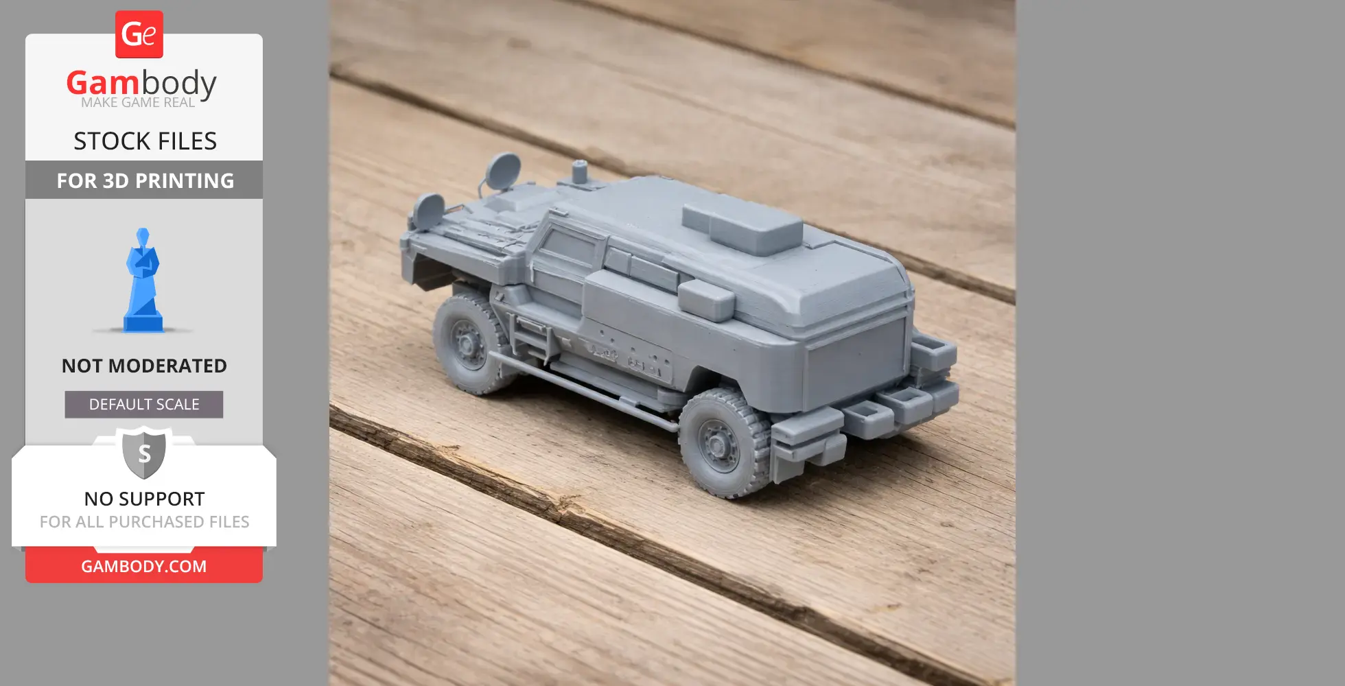 Gray 3D-printed tank model with detailed features on a wooden surface.