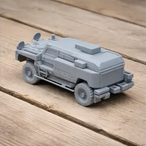 Detailed 3D-printed model of a tactical tank vehicle, placed on a wooden surface.