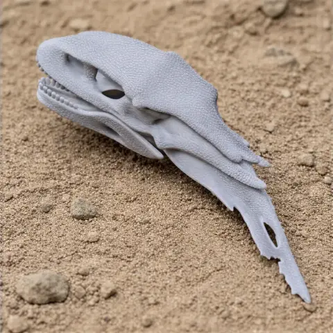 3D-printed Chilesaurus skull model resting on a sandy surface.