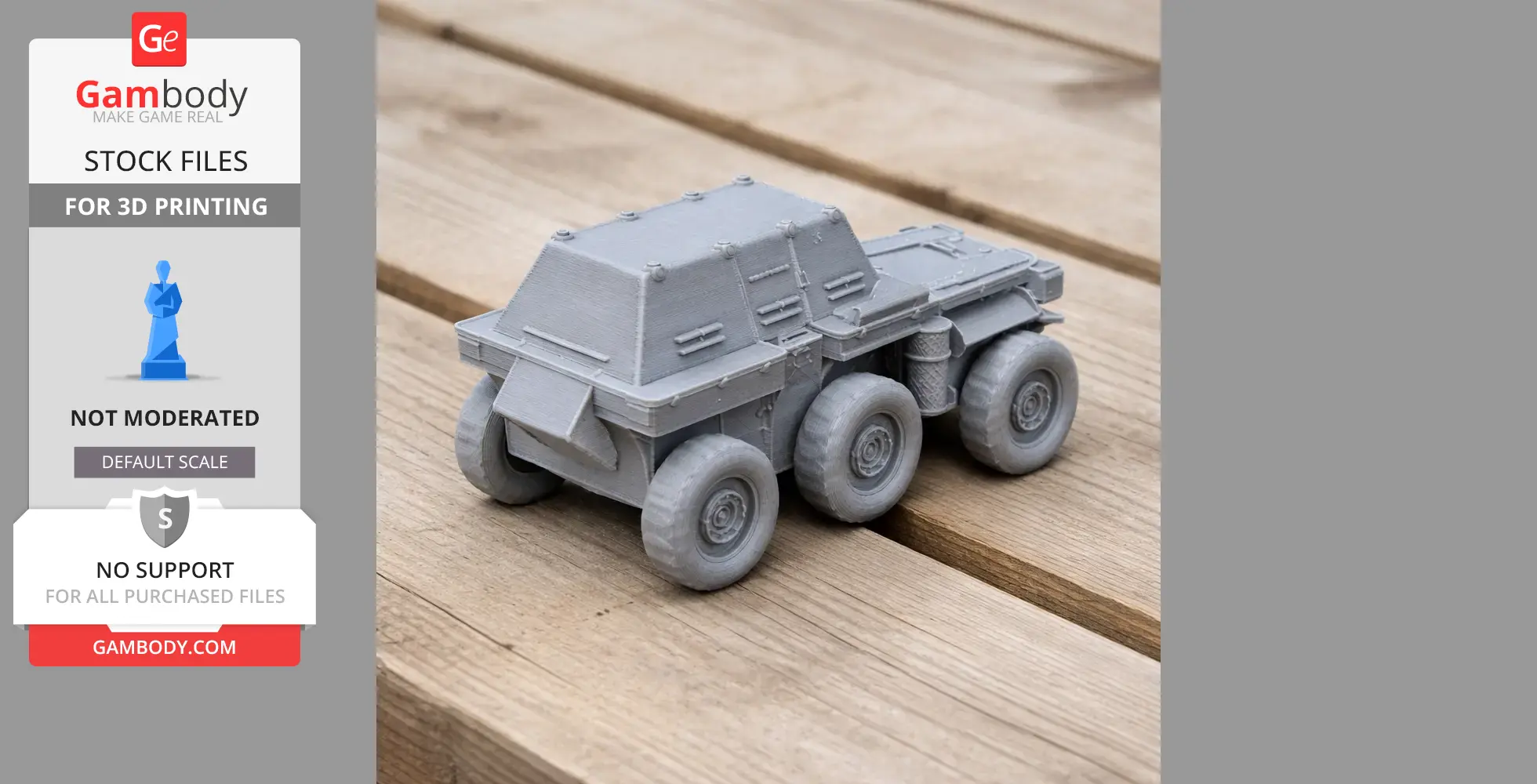 Gray 3D-printed model of a Berliet VUM tank on a wooden surface, showing detailed wheels and structure.