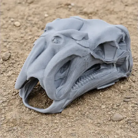 3D-printed Choyrodon dinosaur skull replica resting on a sandy surface.