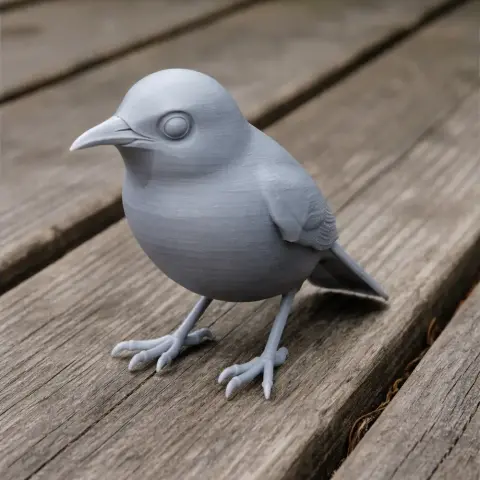 3D-printed model of a bird with smooth details, perched on wooden planks.