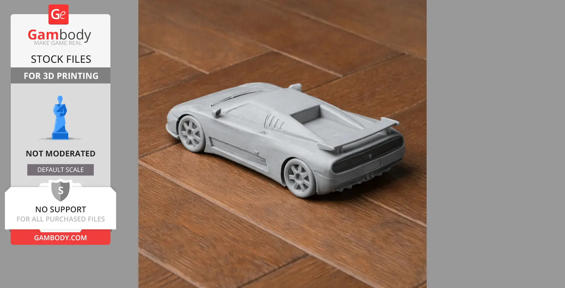 Gray 3D printed Bugatti EB110 model car on a wooden surface.