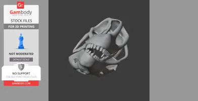 3D printed Chromogisaurus skull model with detailed teeth and bone structure on a dark background.