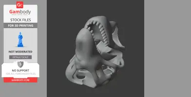 3D model of a dinosaur skull replica with prominent teeth, suitable for 3D printing.