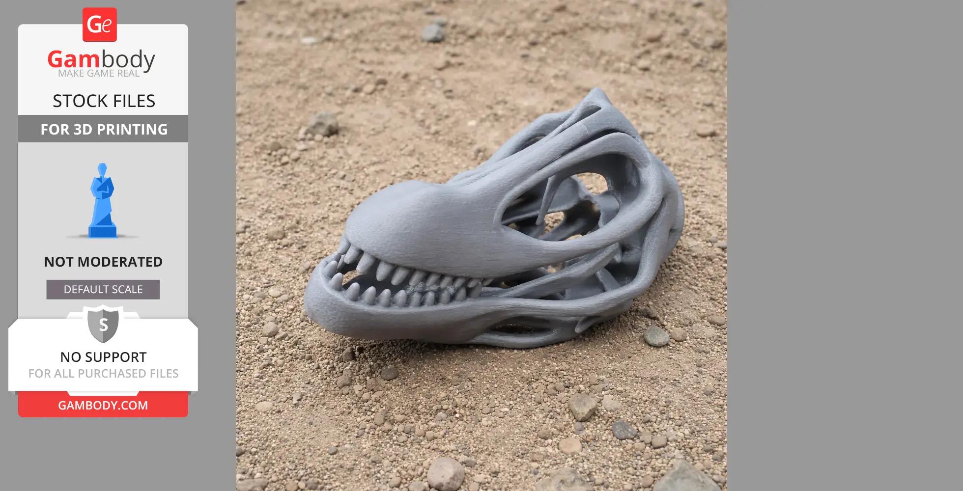 3D printed gray Chromogisaurus skull replica on sandy ground.