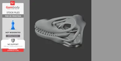 3D model of a dinosaur skull, detailed with teeth and bone structure, side view.