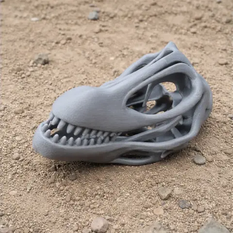 3D-printed detailed Chromogisaurus skull replica on a sandy surface.