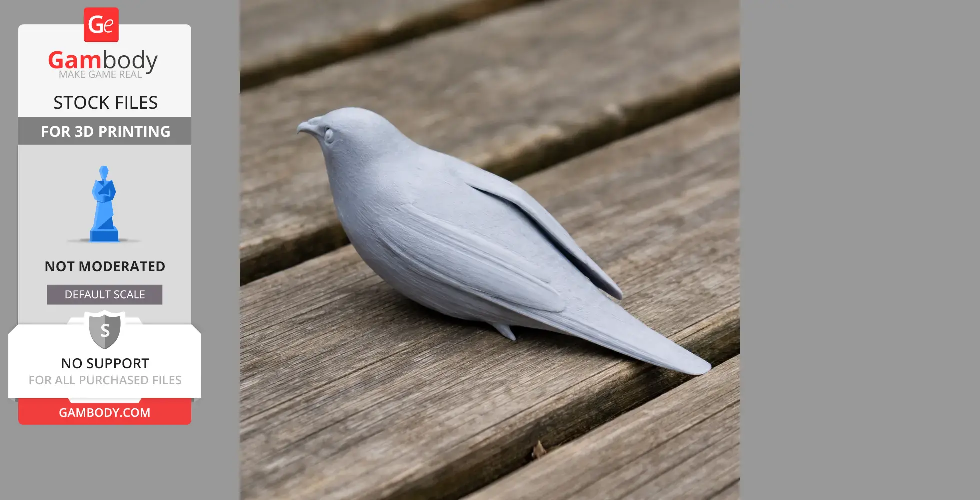 A gray 3D printed model of a bird, resembling a brush warbler, resting on a wooden surface.