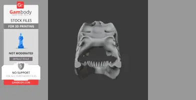 Gray Chuanjiesaurus skull model for 3D printing, frontal view on a black background.